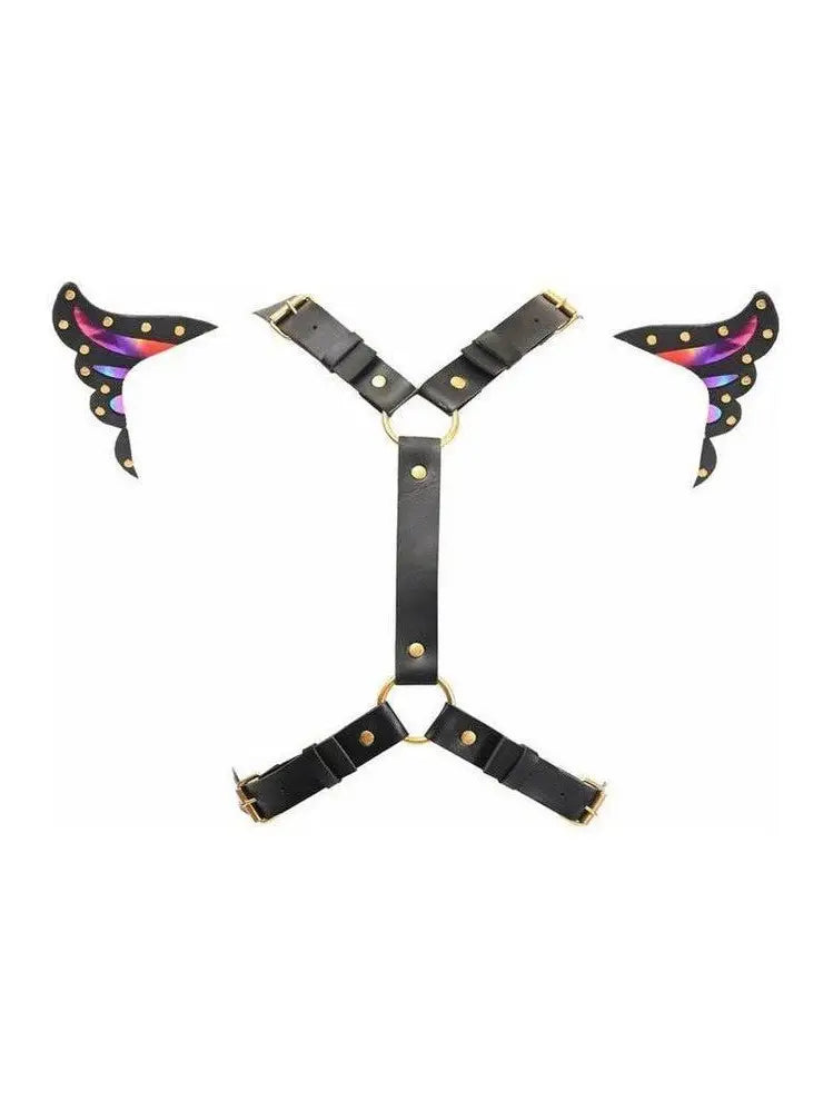 Black Faux Leather & Rainbow Holo Butterfly Wing Harness