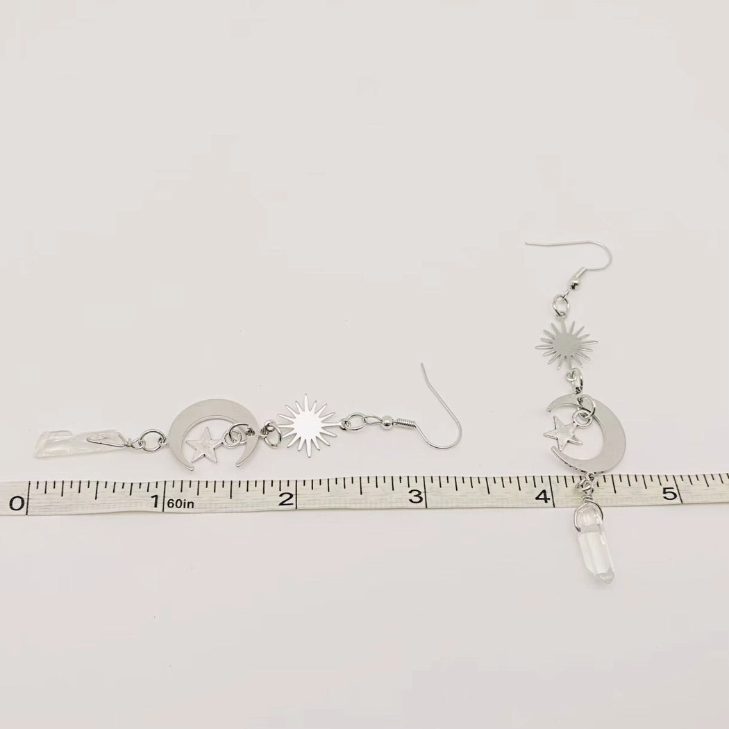 Silver Moon Stars White Crystal Pendant Earrings