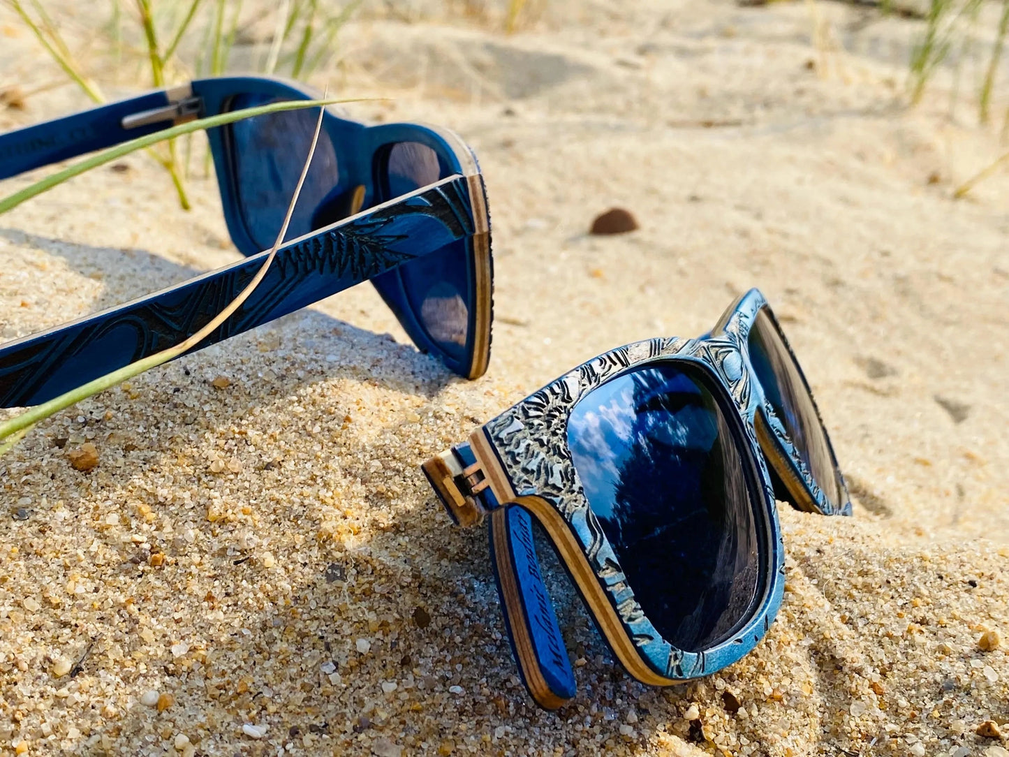 Blue Engraved Wooden Sunglasses - Limited Edition