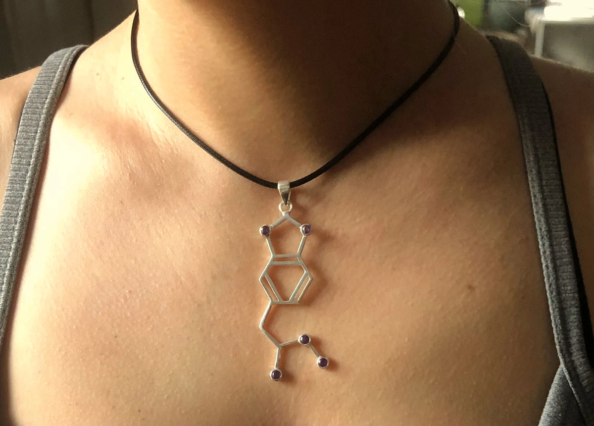 Sterling Silver Mdma Molecule Pendant – 2" Amethyst Crystal