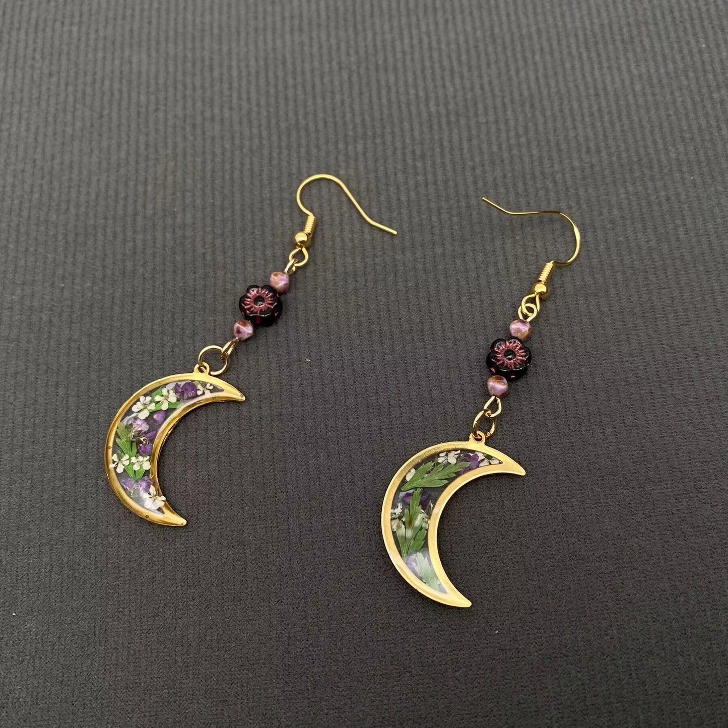 18K Golden Dried Flower Moon Earrings