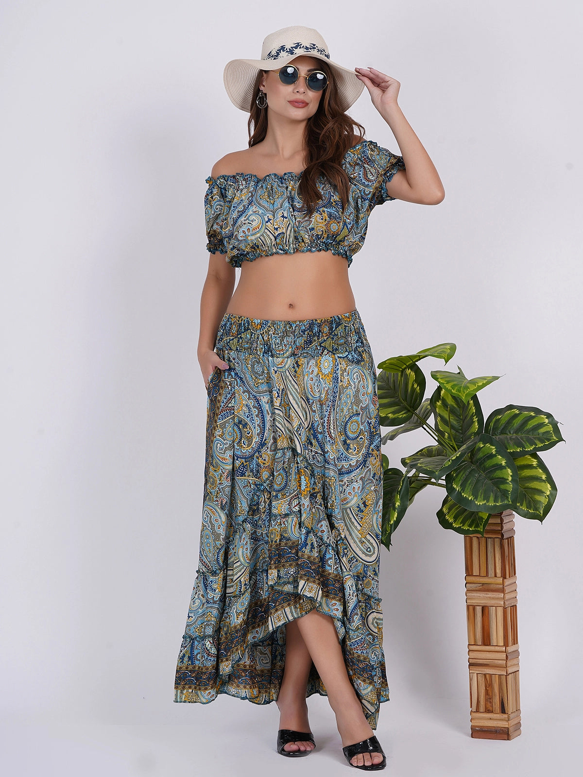 Two Piece Off Shoulder Top & Ruffle Printed Skirt Set