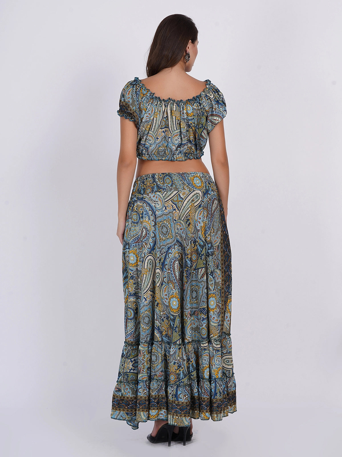 Two Piece Off Shoulder Top & Ruffle Printed Skirt Set