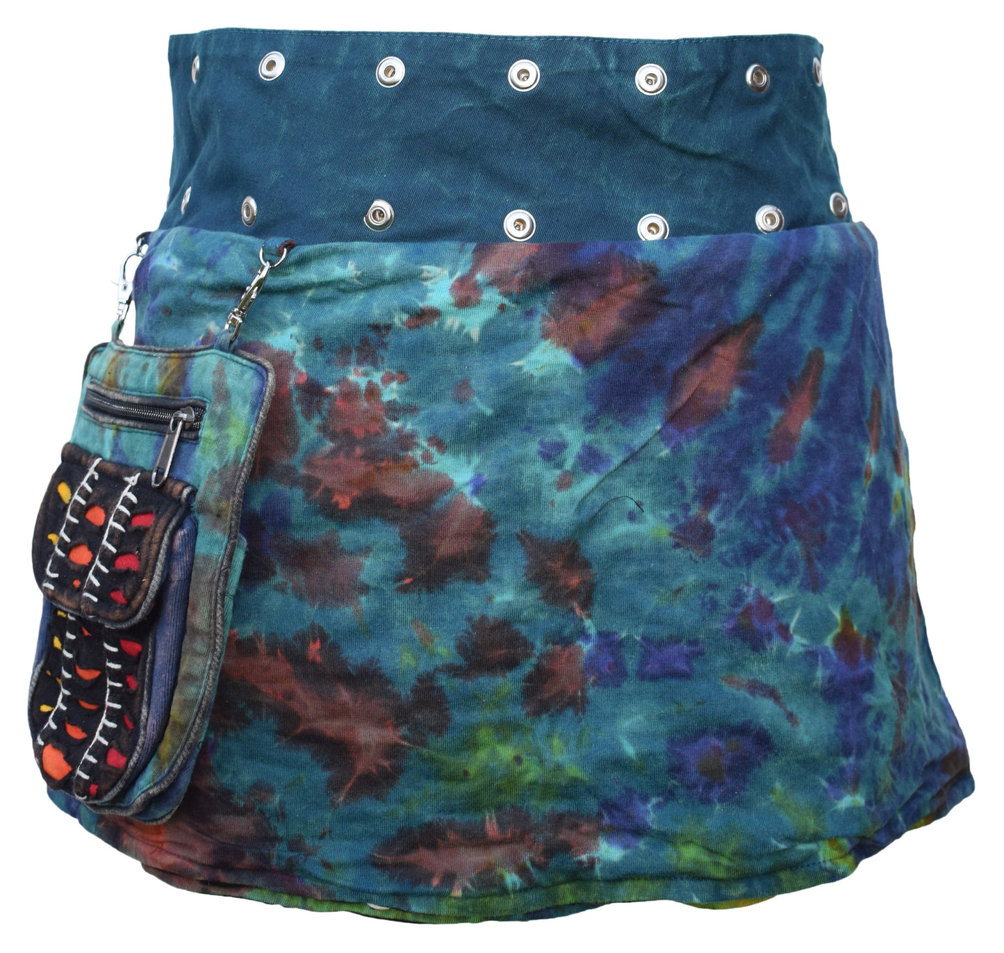 Reversible Cotton Boho Short Popper Mini Skirt Black Rainbow