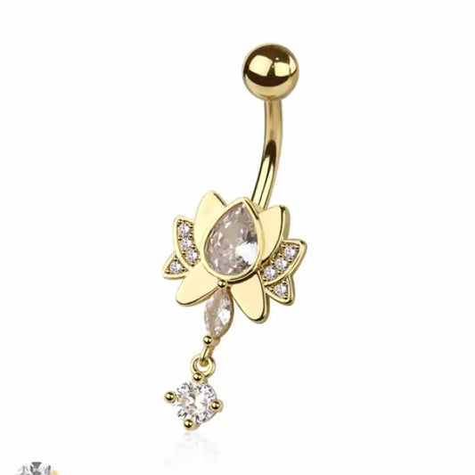 316L Surgical Steel CZ Lotus Belly Button Navel Ring
