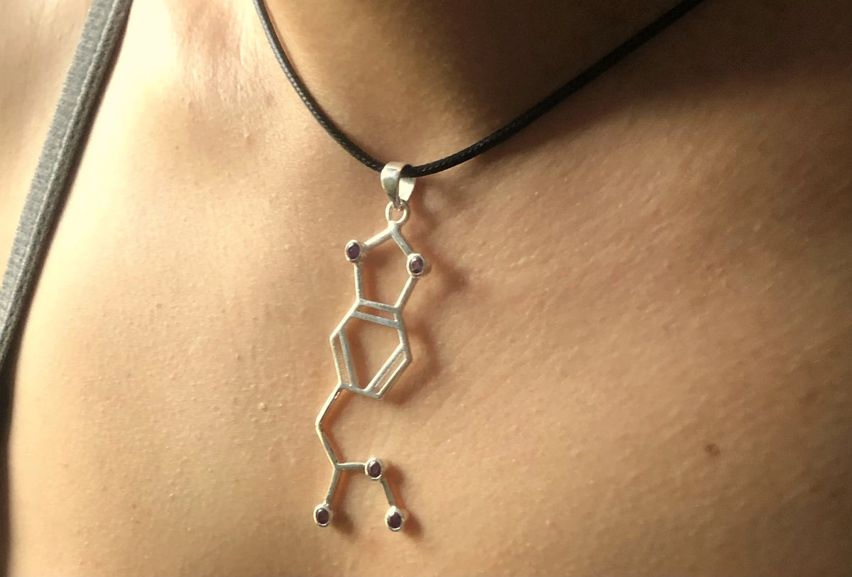 Sterling Silver Mdma Molecule Pendant – 2" Amethyst Crystal
