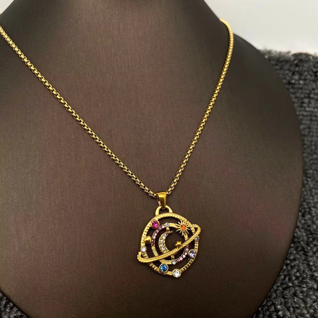 Star Moon Universe 18K Gold Plated Ss Necklace