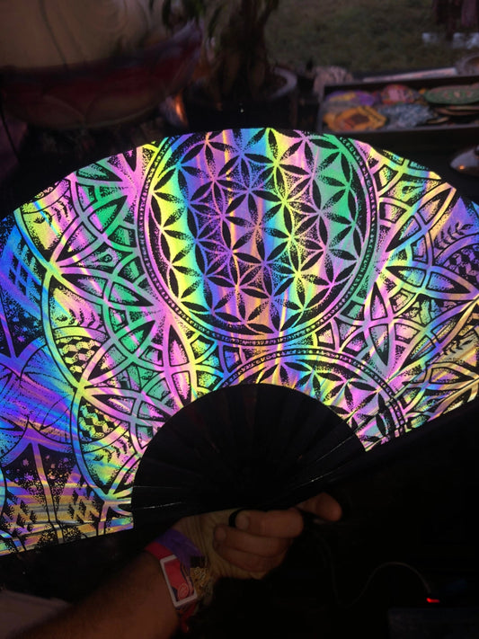 Large Dark Rainbow Reflective Sacred Geometry Fan