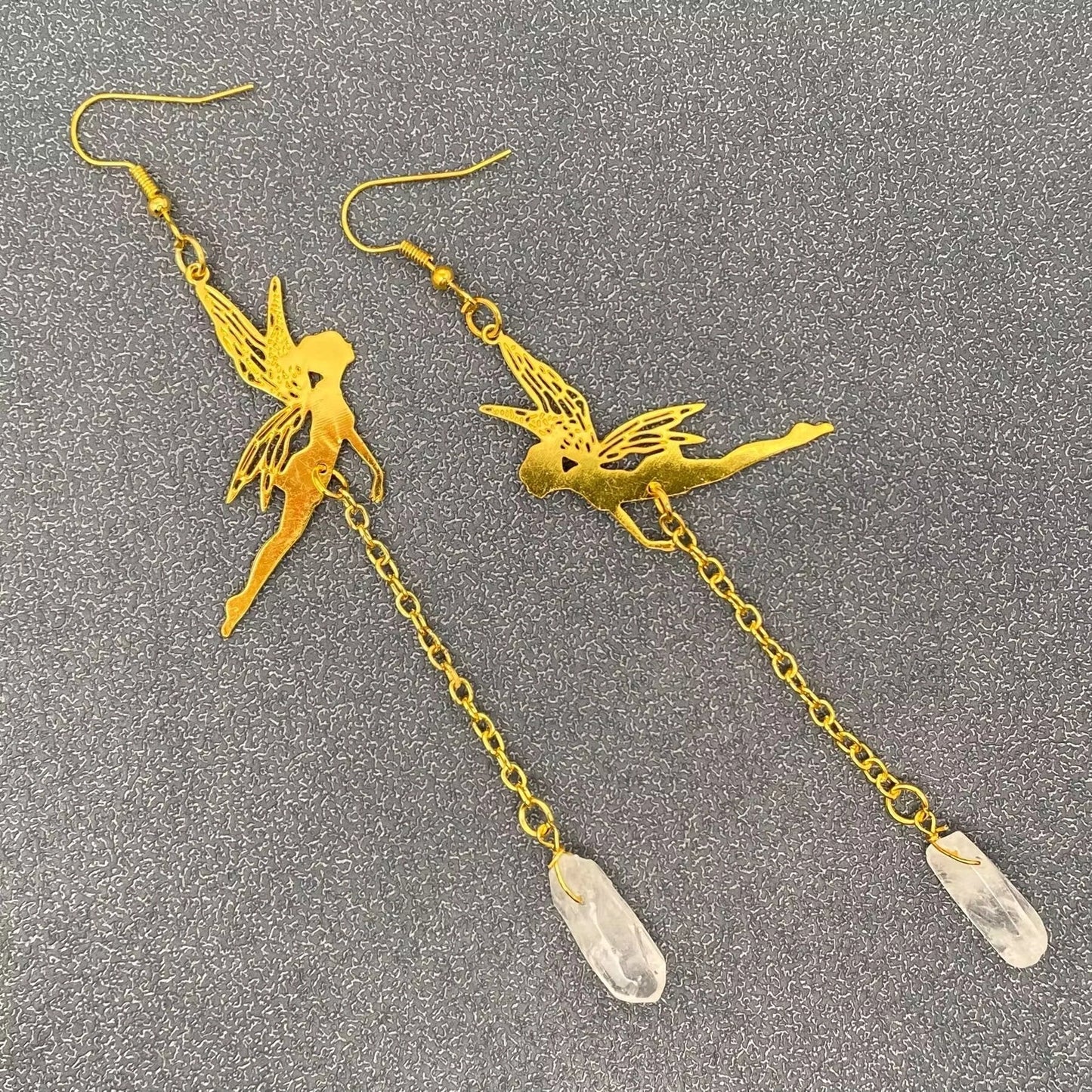 White Crystal Golden Elf Dangle Earrings