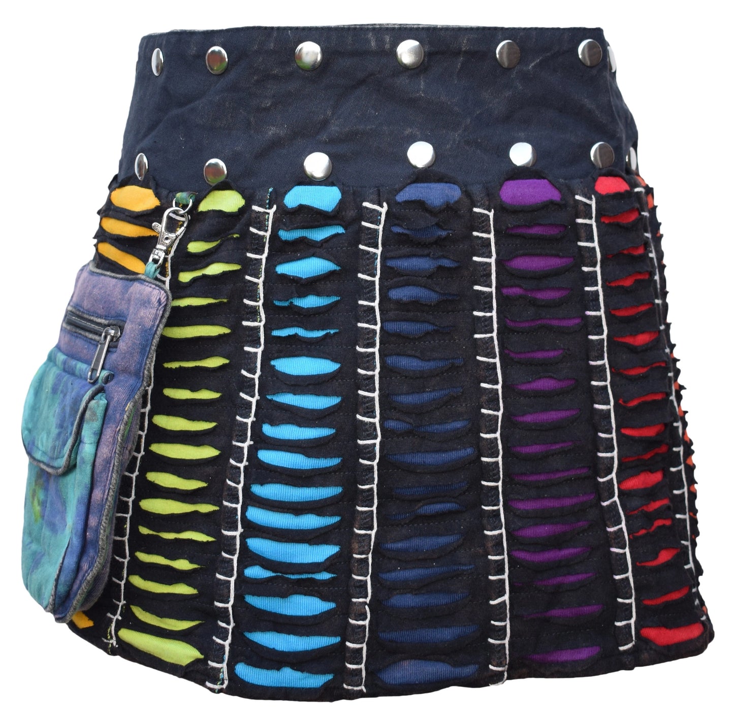 Reversible Cotton Boho Short Popper Mini Skirt Black Rainbow