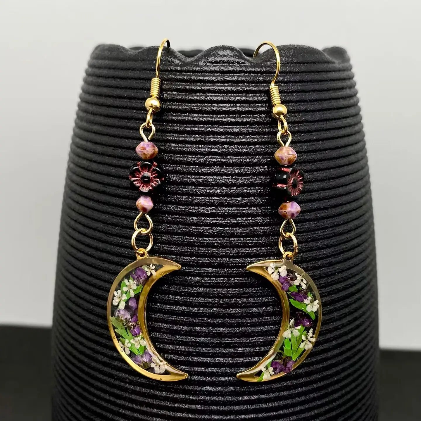 18K Golden Dried Flower Moon Earrings