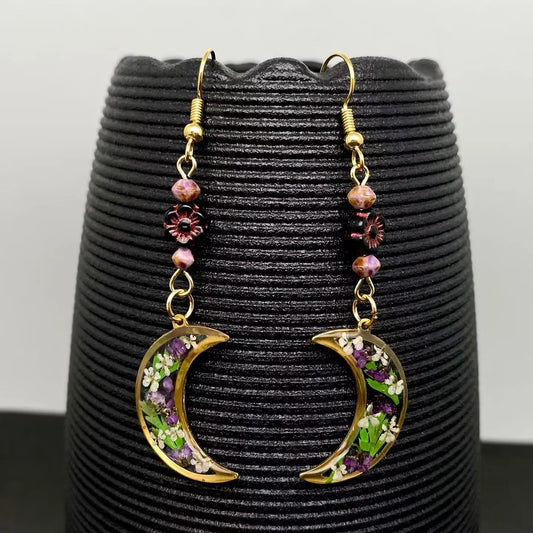 18K Golden Dried Flower Moon Earrings
