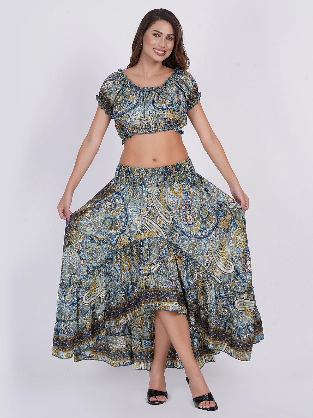 Two Piece Off Shoulder Top & Ruffle Printed Skirt Set