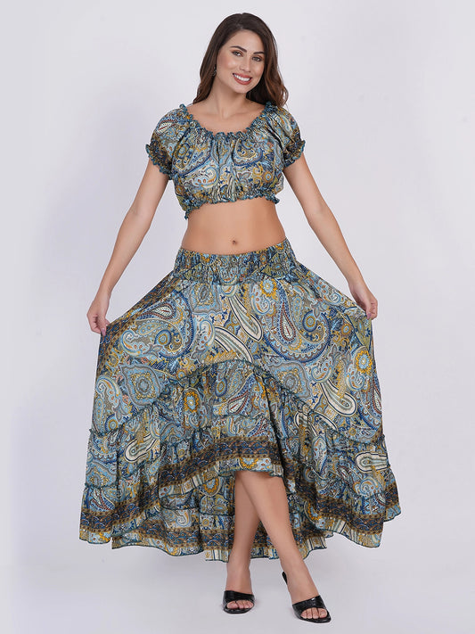 Two Piece Off Shoulder Top & Ruffle Printed Skirt Set