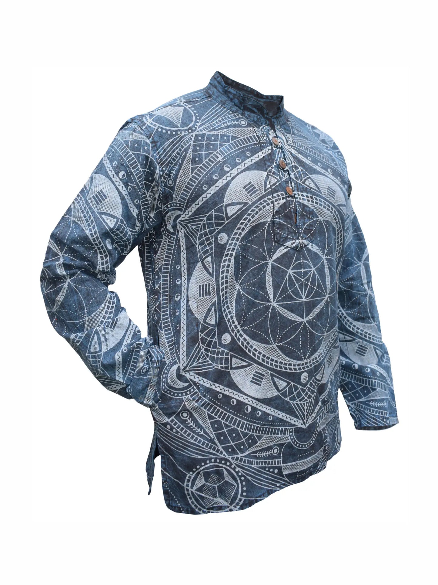 Mandala Print Hemp Cotton Stone Washed Collar Shirt - COMING SOON