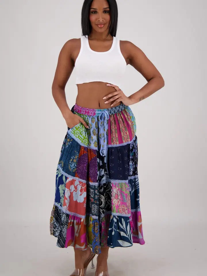 Boho Printed Rayon Midi Skirt