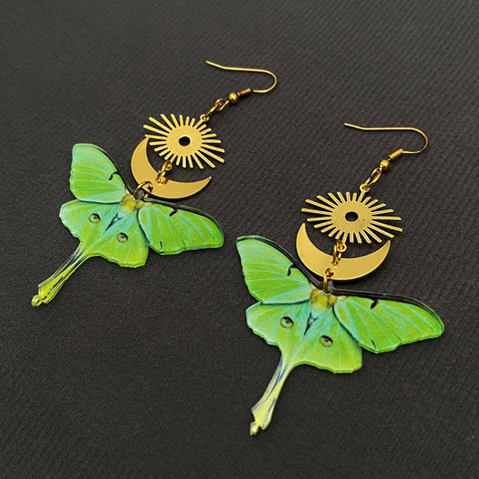 Acrylic Green Moth Gold Plated Moon Sun