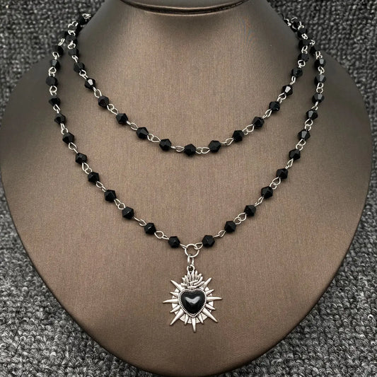 Gothic Black Heart Crystal Beaded Necklace