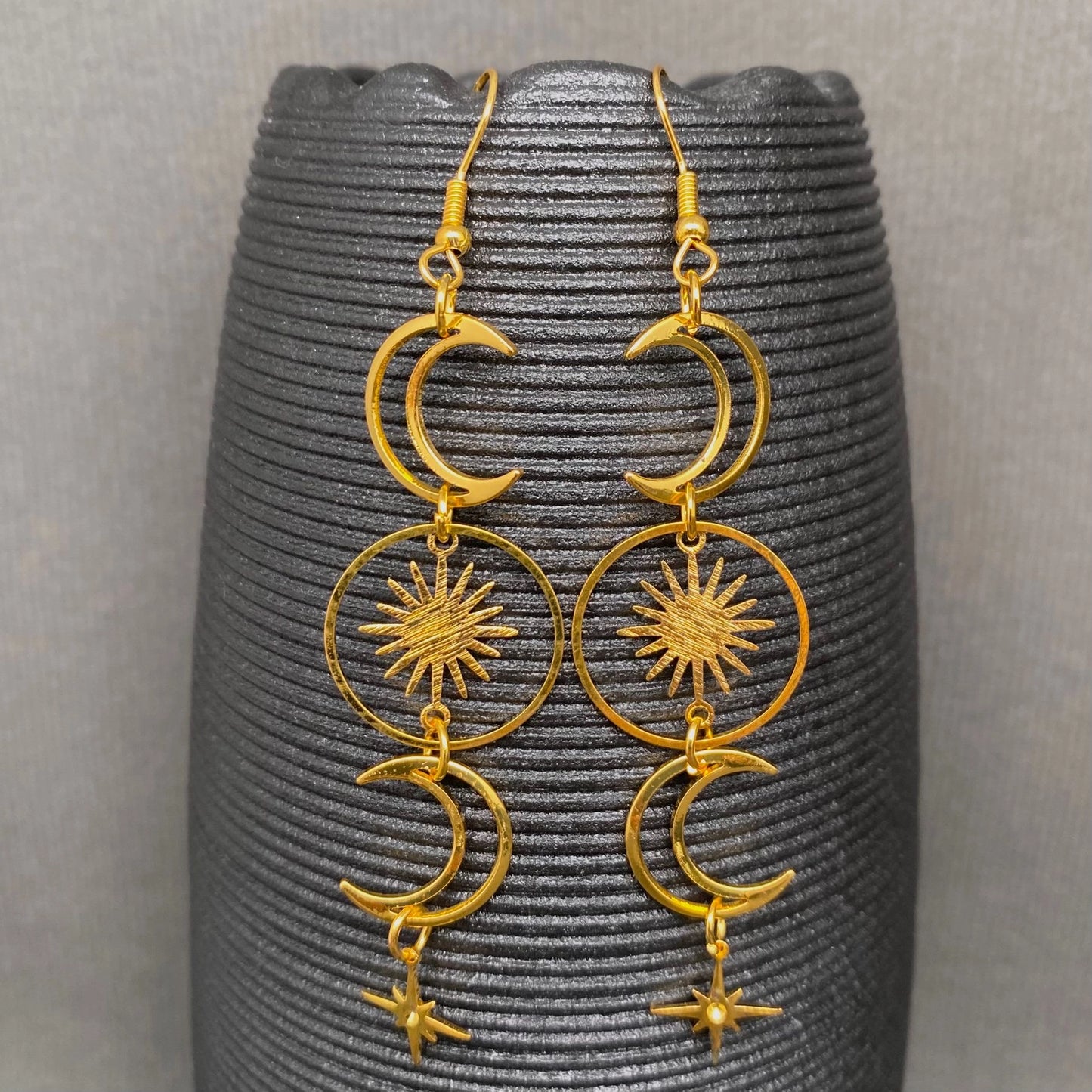 Golden Hollow Moon Star Dangle Earrings
