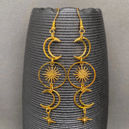 Golden Hollow Moon Star Dangle Earrings