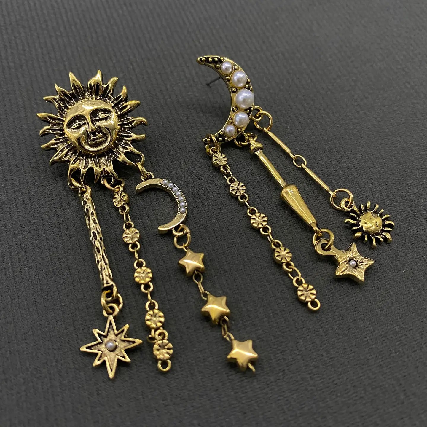 Star Fringe Asymmetric Sun Moon Post Earrings