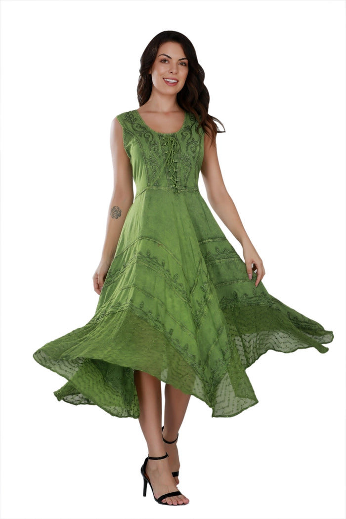 Women's Sleeveless Embroidered A-Line Back Drawstring Dress