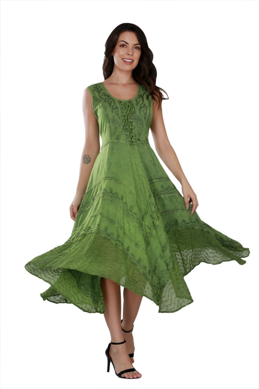 Women's Sleeveless Embroidered A-Line Back Drawstring Dress