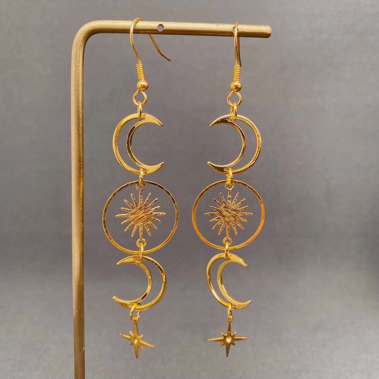 Golden Hollow Moon Star Dangle Earrings