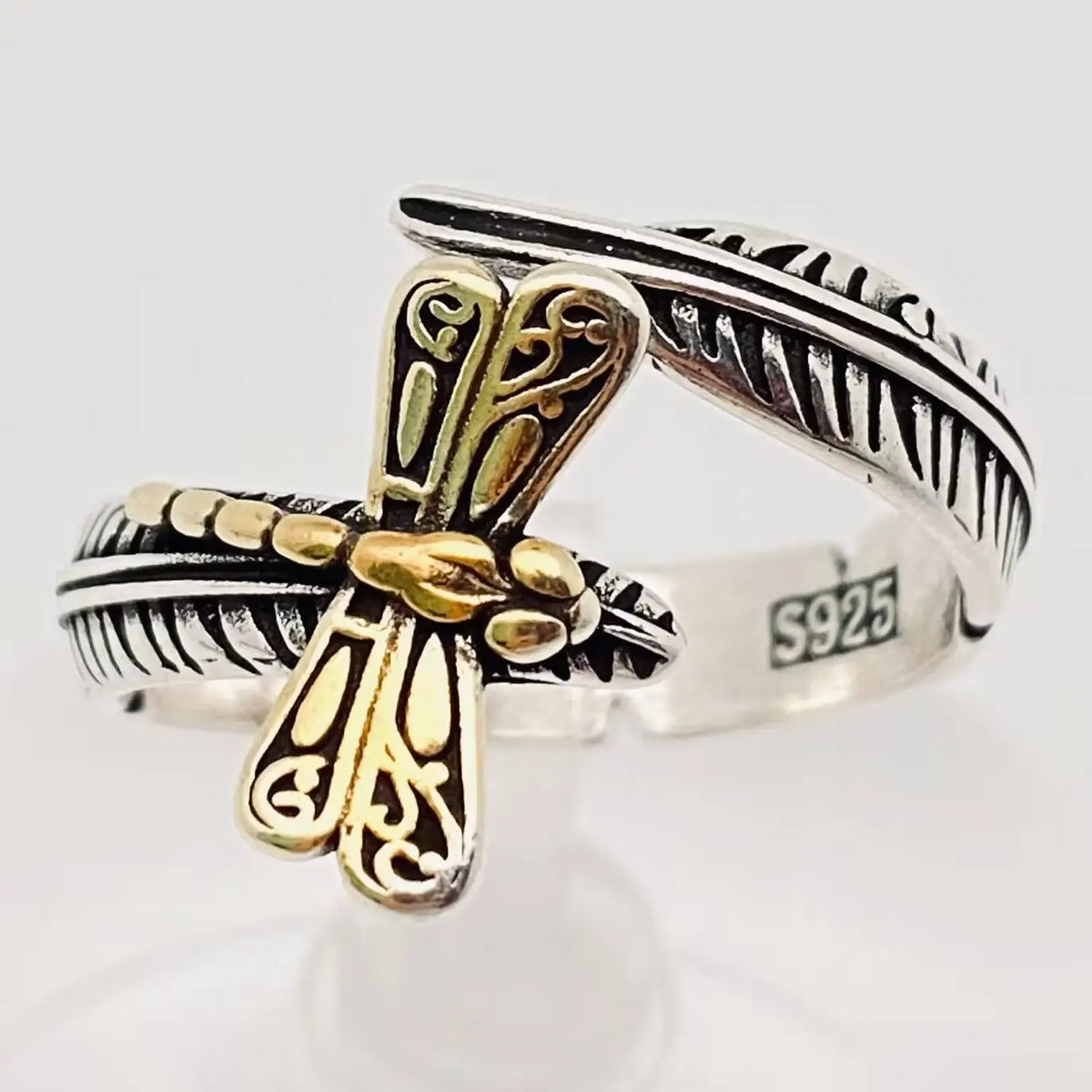 Silver Plated Feather Gold Dragonfly Adjustable Ring