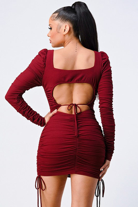 Shirring Ruched Open Back Bodycon Mini Dress