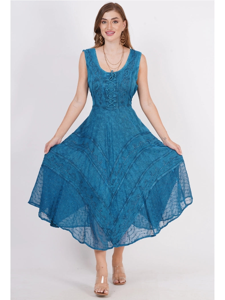 Women's Sleeveless Embroidered A-Line Back Drawstring Dress