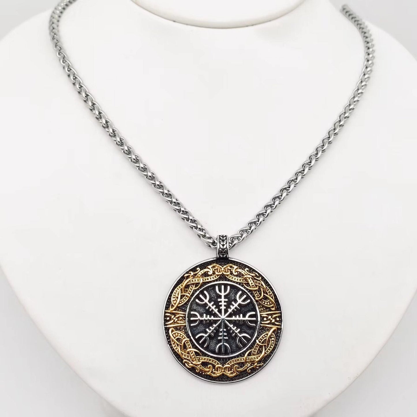 Stainless Steel Viking Rune Compass Pendant Necklace
