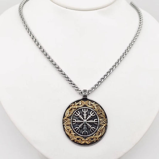 Stainless Steel Viking Rune Compass Pendant Necklace