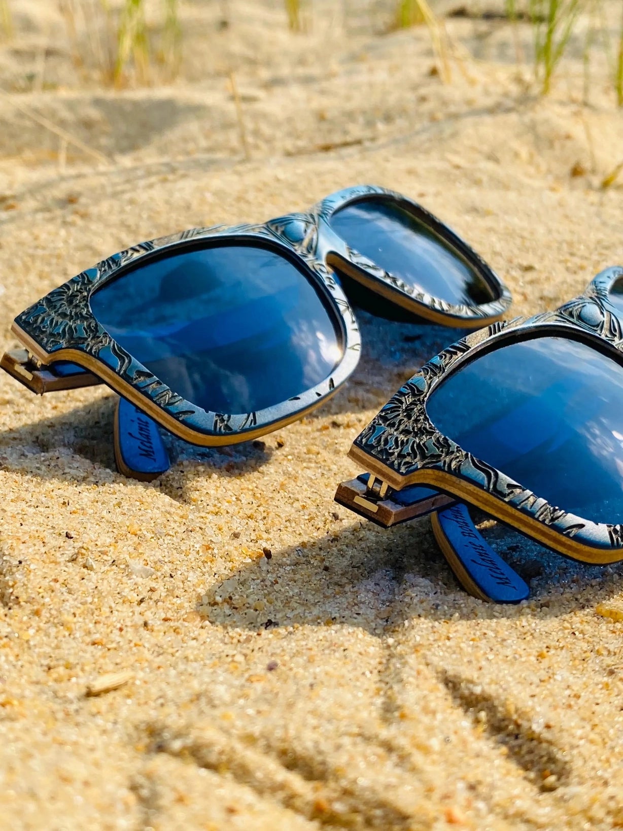 Blue Engraved Wooden Sunglasses - Limited Edition