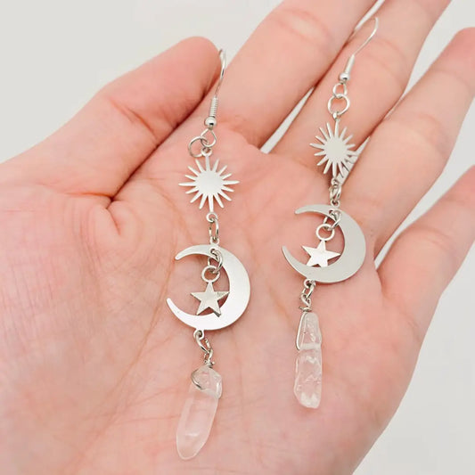 Silver Moon Stars White Crystal Pendant Earrings