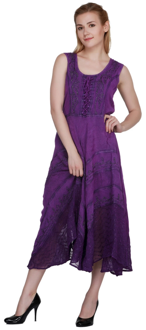 Women's Sleeveless Embroidered A-Line Back Drawstring Dress