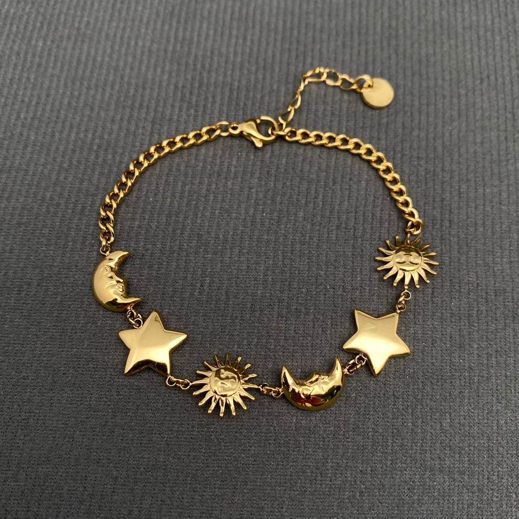 Glossy Sun Moon Star 18K Gold Plated Ss Bracelet