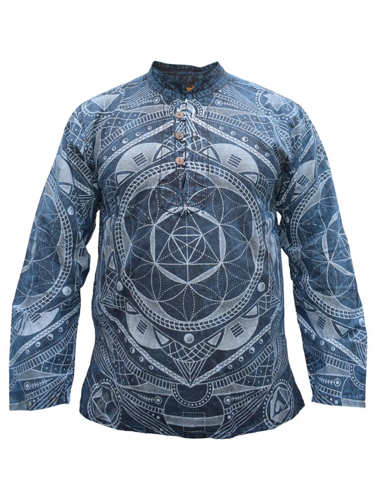 Mandala Print Hemp Cotton Stone Washed Collar Shirt - NEW