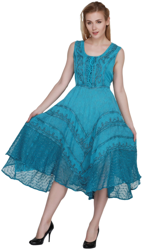 Women's Sleeveless Embroidered A-Line Back Drawstring Dress