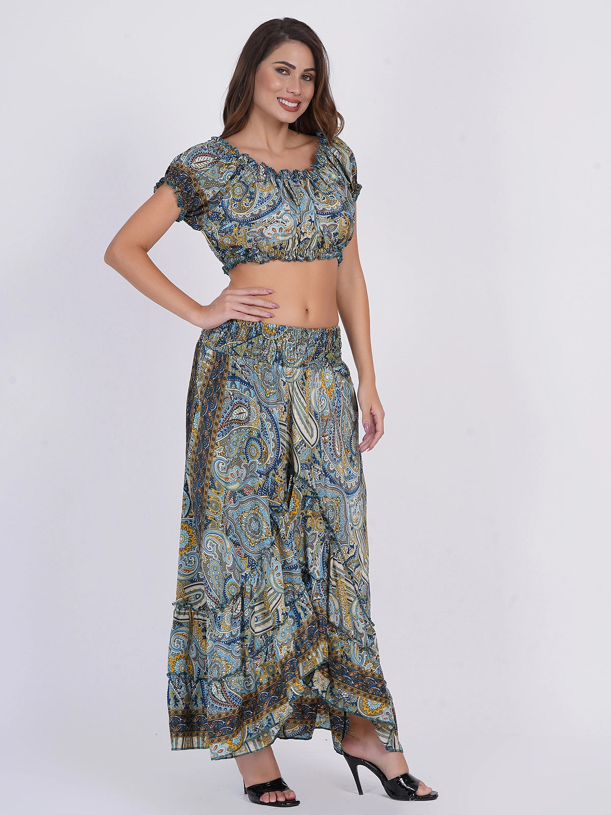 Two Piece Off Shoulder Top & Ruffle Printed Skirt Set