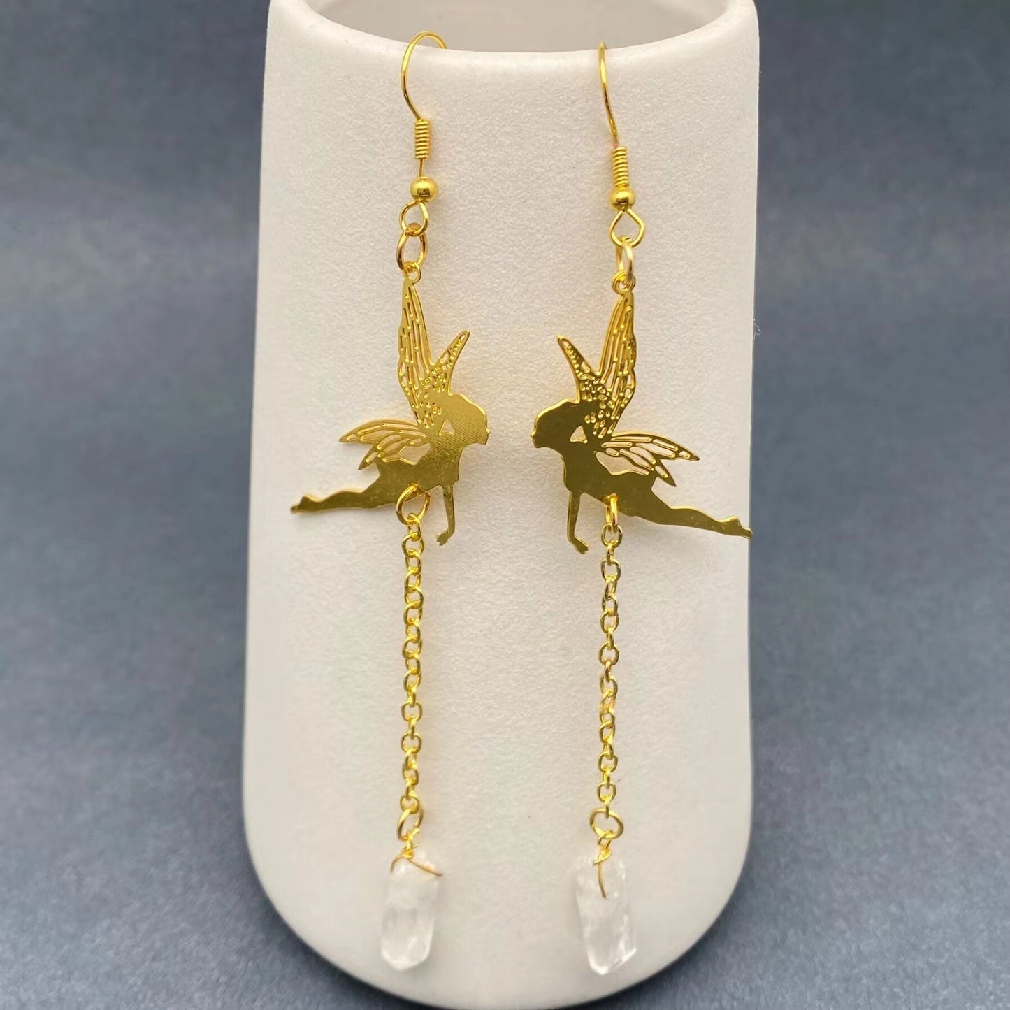White Crystal Golden Elf Dangle Earrings