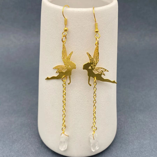 White Crystal Golden Elf Dangle Earrings