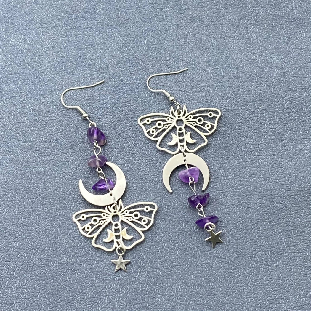 Asymmetric Moon Moth Dangle Earrings