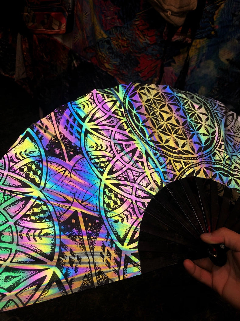 Large Dark Rainbow Reflective Sacred Geometry Fan