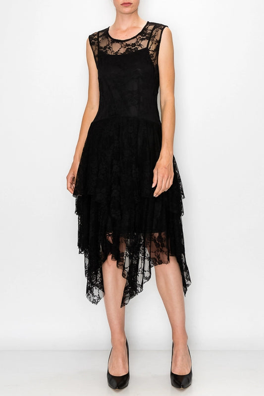 Whimsical Sleeveless Lace Midi Dress with Unattached Slip