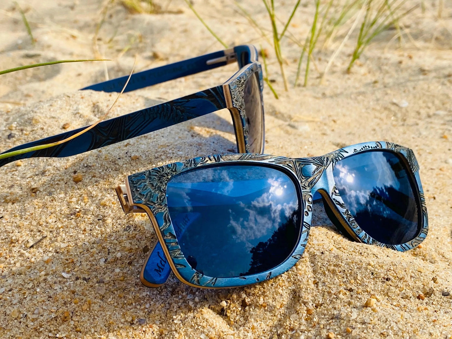 Blue Engraved Wooden Sunglasses - Limited Edition