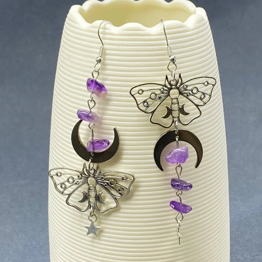 Asymmetric Moon Moth Dangle Earrings
