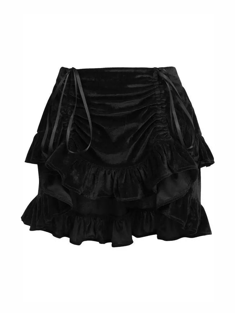 Black Velvet Ruched Bustle Skirt
