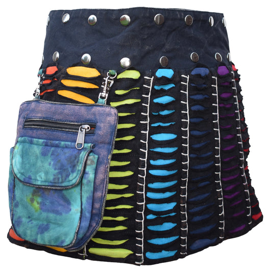 Reversible Cotton Boho Short Popper Mini Skirt Black Rainbow