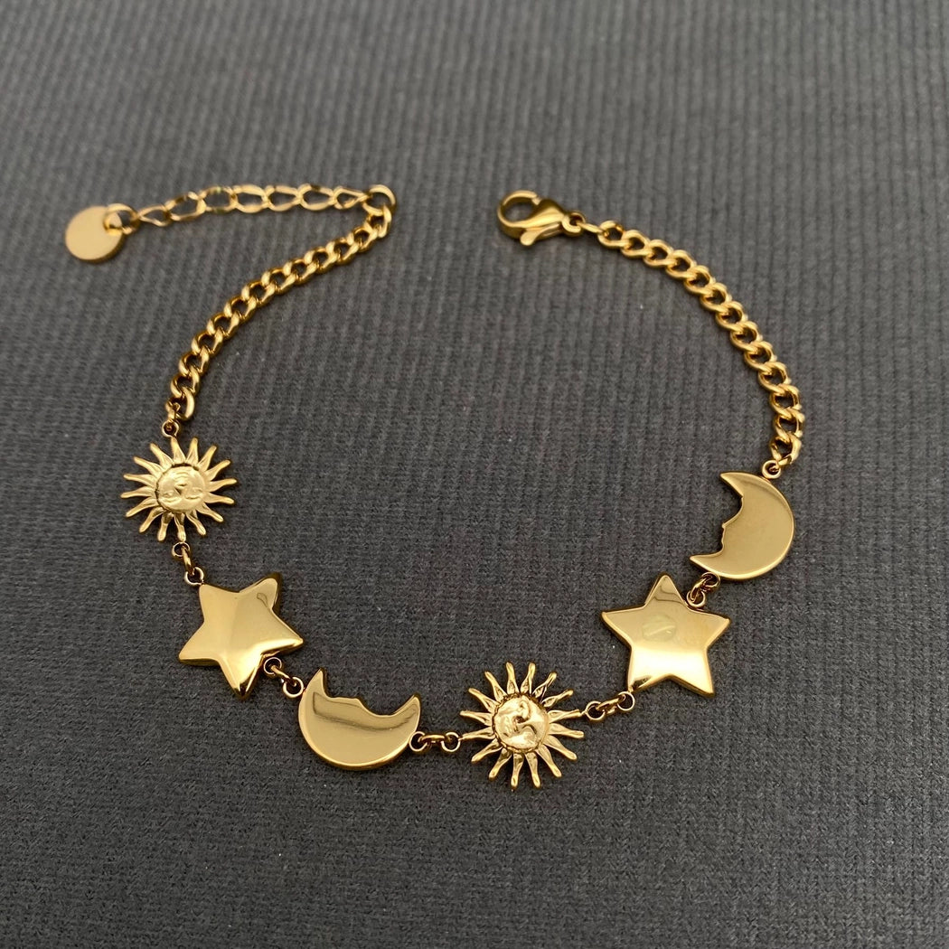 Glossy Sun Moon Star 18K Gold Plated Ss Bracelet
